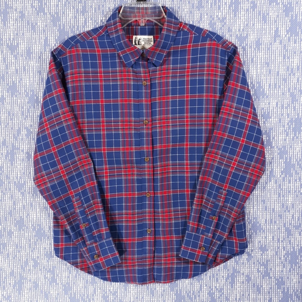 Marmot Mountain Works Flannel Shirt Womens Medium Cotton Blue Plaid Colorado